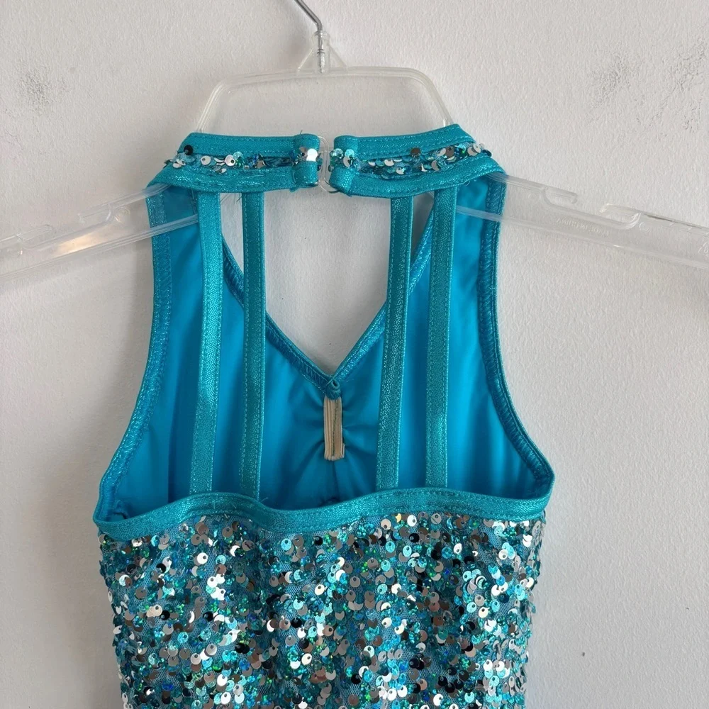 Weissman Showtime Dance Costume 10425 Size SC Blue Fringe Sequins Skating Tap